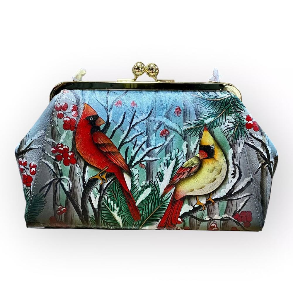 Anuschka Cardinal Hand-Painted Leather Kiss Lock Clutch Crossbody Shoulder Purse